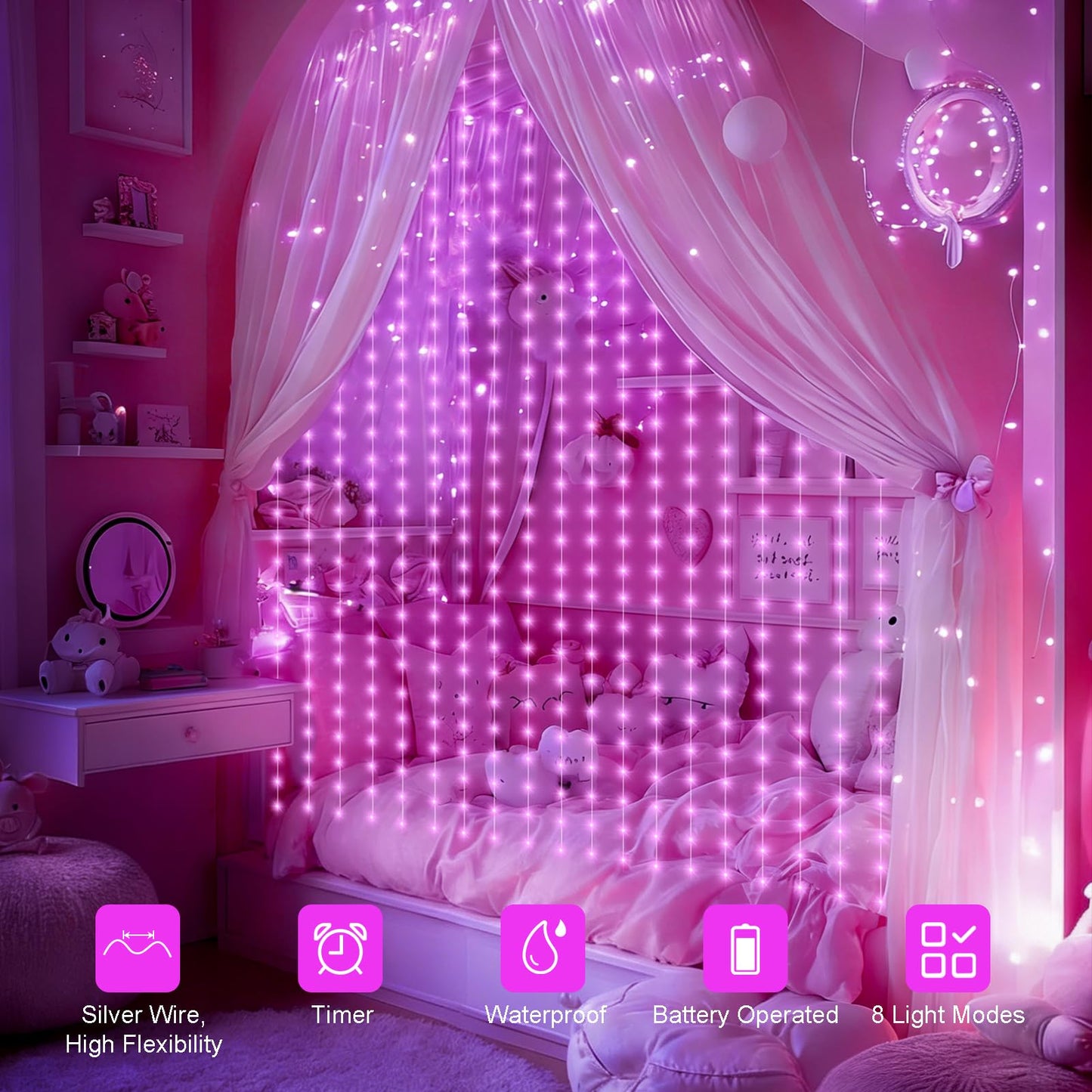 echosari Fairy Curtain Lights Battery Operated, 300 LED Indoor Curtain Lights 9.8 x 9.8Ft with Timer Hooks for Children' s Bedroom Wedding Backdrop Decor (Pink)