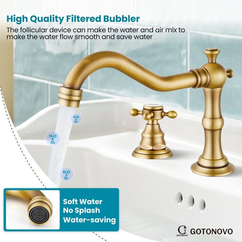 gotonovo Bathroom Faucet 3 Hole 8 Inch Widespread Bathroom Sink Faucet 2 Cross Handles Vintage Lavatory Vanity Mixer Tap with Pop Up Drain, HOT Cold Label, Antique Brass