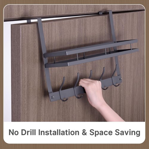 Senmeo Over Door Storage Rack with Shelf and 5 Hooks, Metal Hanging Organizer, 17 x 11 inches, Black