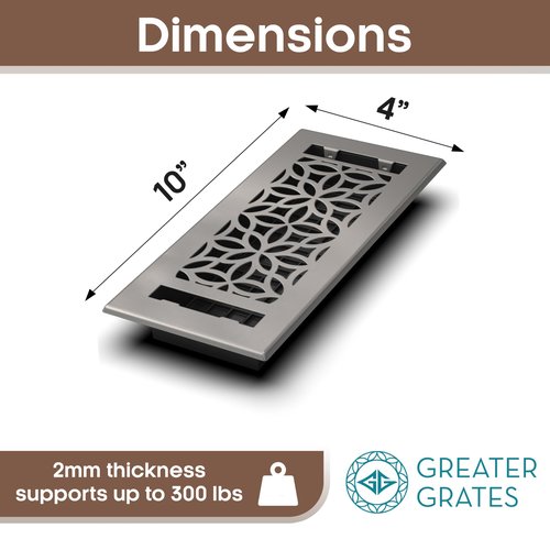 Floor Register 4x10 Vent Cover – 2 Pack – Heavy-Duty Steel, Rustproof & Walkable Grates, Easy Drop-in Install, Adjustable Air Supply Switch - Decorative Floral Design, Brushed Nickel