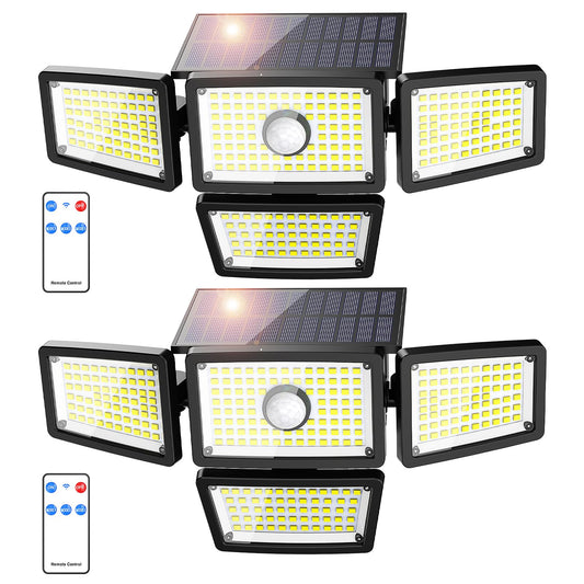 omibee 3000LM Solar Lights Outdoor, 4 Adjustable Heads Solar Motion Sensor Lights with 283 LED, IP65 Waterproof Security Wall Lights, Remote Control Flood Lights for Graden, Outside, Backyard 2 Pack