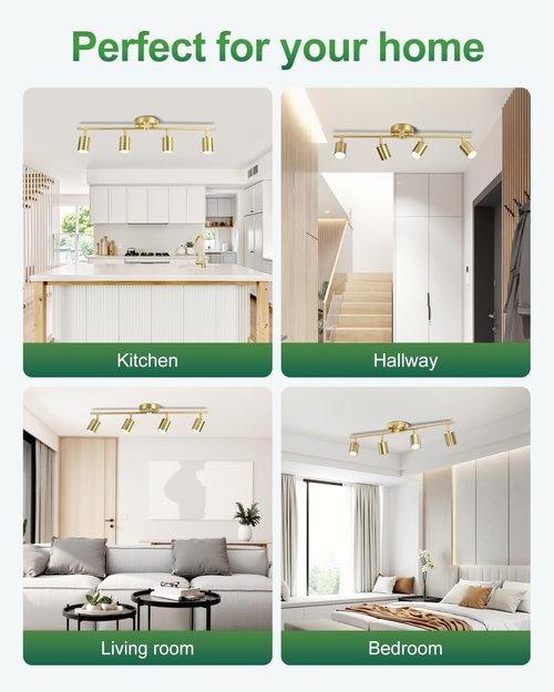Fondiiz 4 Ways Track Lighting, Rotatable Heads Tracks Light, Track Lightings Fixtures Ceiling with Foldable Arms, Modern Gold Tracks Light for Kitchen, Living Room, Hallway(Bulbs Not Included)