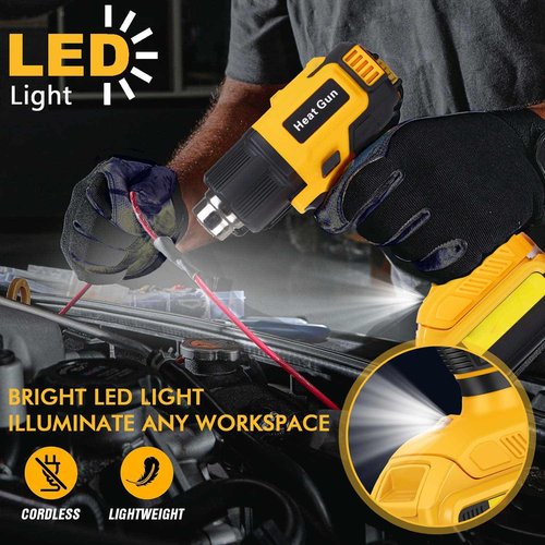 Foduuo Compatible with Cordless Heat Gun Dewalt 20V Battery,LED Light,350W Fast Heating Hot Air Gun 122℉-1022℉ Variable Temperature Control,5 Nozzle for Craft Shrinking PVC Stripping Paint-No Battery