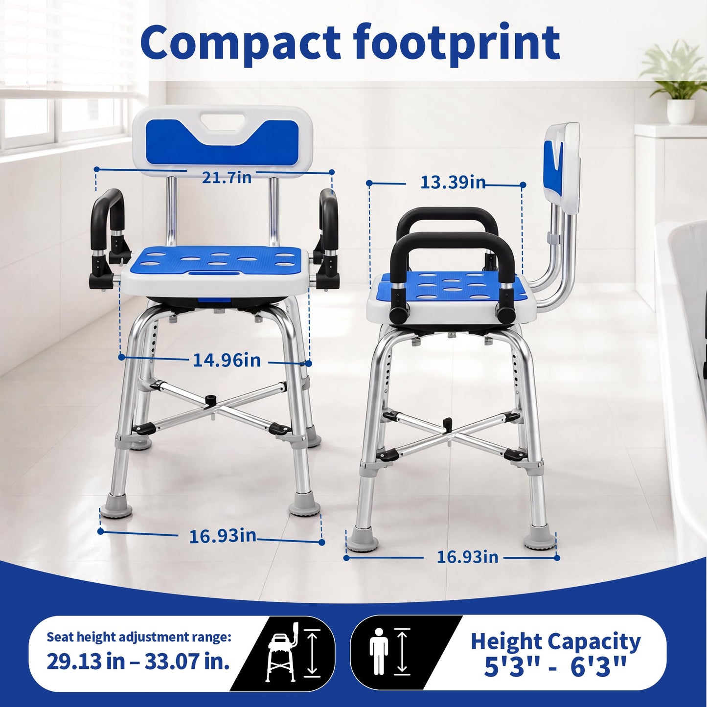 360° Swivel Shower Chair with Arms and Back, Heavy Duty 500 lbs Bariatric Bath Bench for Seniors Elderly Disabled Adults, Upgraded Adjustable Height Shower Stool for Inside Shower Stall