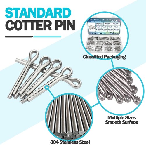Tugermoola 230PCS 12 Sizes Cotter Pins Assortment Kit 304 Stainless Steel Split Pin Fastener Clips OLA001