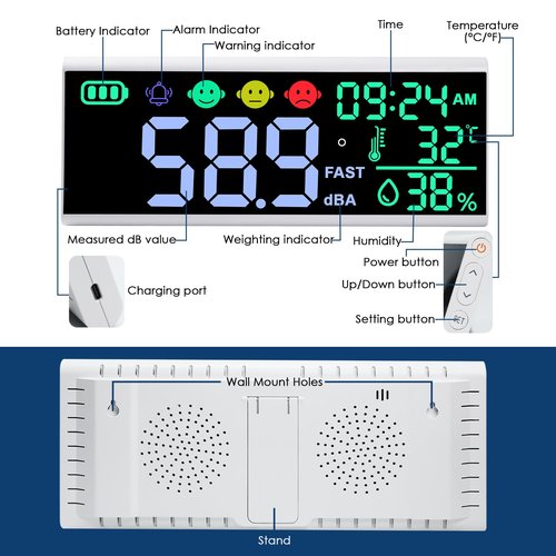 JuviPerpric 13 Inch Decibel Meter - Wall Hanging Sound Level Meter with Large LED Display, Noise, Temperature, Humidity, Time Monitor for Classroom