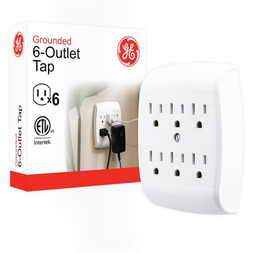 GE 6-Outlet Extender Wall Tap, Grounded Adapter, Outlet Splitter, Charging Station, 3-Prong, Secure Install, ETL Listed, White, 54947