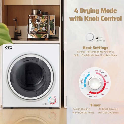 CTT Portable Dryers for Laundry 1500W, 3.5 cu.ft Clothes Dryer Machine with Stainless Steel Tub, 4 Drying Mode, Electric Compact Dryer Apartments, Home, Dorm, White