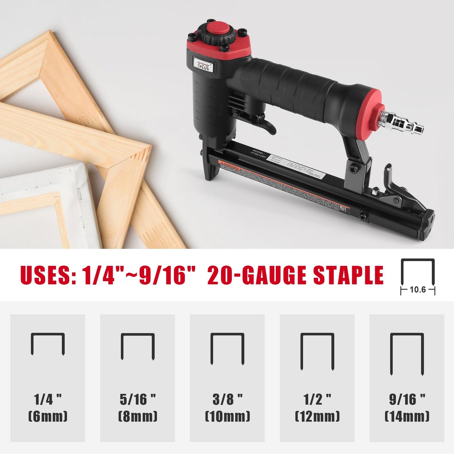 3PLUS HT5014SP Pneumatic 20 Gauge Stapler, T50 Upholstery Stapler, 1/4-Inch to 9/16-Inch