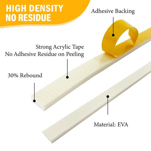 Weather Stripping Foam Tape, 17 Ft Door Seal Strip, EVA Material, High Density 1/4" Thick, No Residue Adhesive, Weatherproof Door Seal Strip for Sliding Door, Windows, White (3/8" Wide)