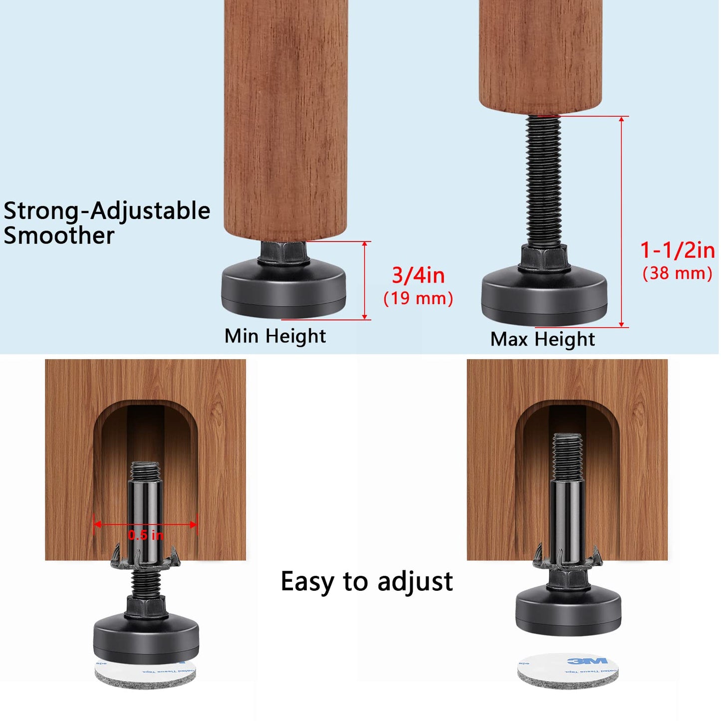 Heavy Duty Furniture Leveling Feet M10 Thread Furniture Levelers Adjustable Furniture Feet w/ T-nut Kit Table Levelers for Cabinet Workbench Chair Sofa and More,Large Base Supports 1320LBs-4 Packs
