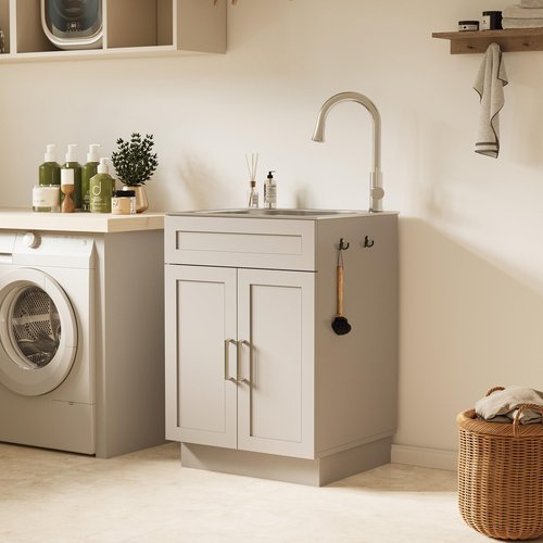 ANCTOR 24 Inch Laundry Sink with Cabinet, Stainless Steel Utility Sink Cabinet with Pull-Out Hot/Cold Faucet Metal Hooks Freestanding Deep Utility Sink for Laundry Utility Room Kitchen Garage
