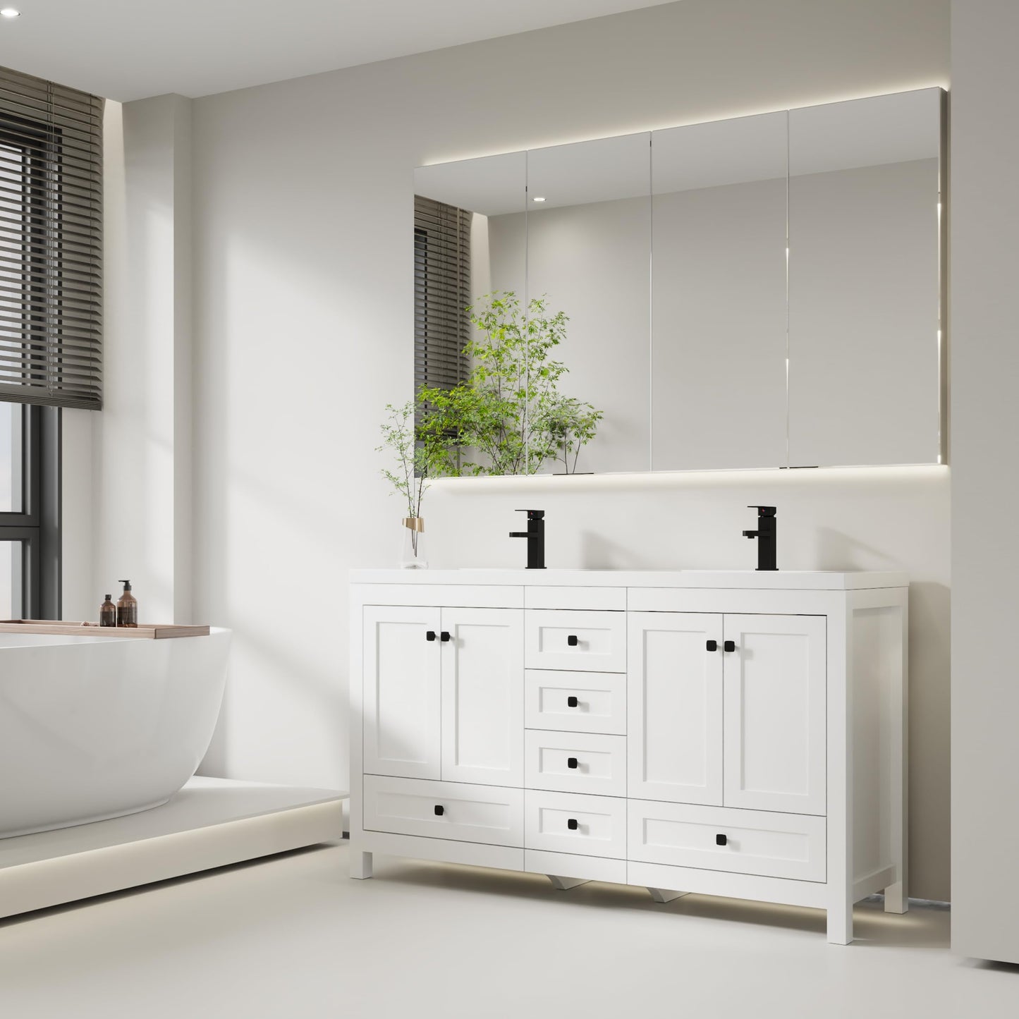 eclife 60" Bathroom Vanities with Sink Combo, Modern Thickened Wood Bathroom Storage Cabinet w/Undermount White Double Sink, Matte Black Faucet Drain, White