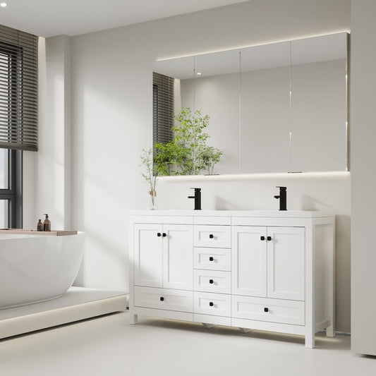 eclife 60" Bathroom Vanities with Sink Combo, Modern Thickened Wood Bathroom Storage Cabinet w/Undermount White Double Sink, Matte Black Faucet Drain, White