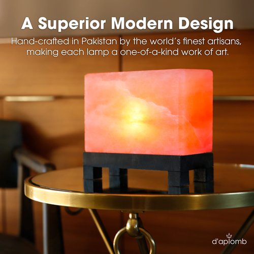 d'aplomb 100% Authentic Natural Himalayan Salt Lamp;Hand-Carved Modern Rectangle Rare Pink Crystal Rock Salt from The Himalayan Mountain; Footed Wood Base, Dimmer Cord; 11.5 lbs