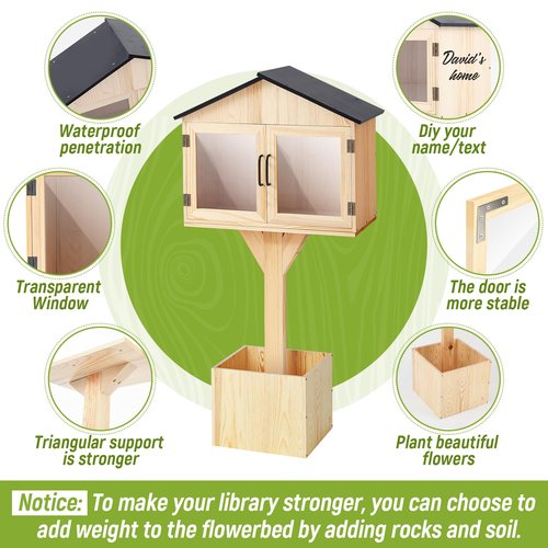 Wonderjune Wooden Little Library Box Outdoor Free Library, Large Size, Double Door Box Storage with Floor Plugs and Small Flower Fence for DIY Neighborhoods, Community, Literature, Newspapers