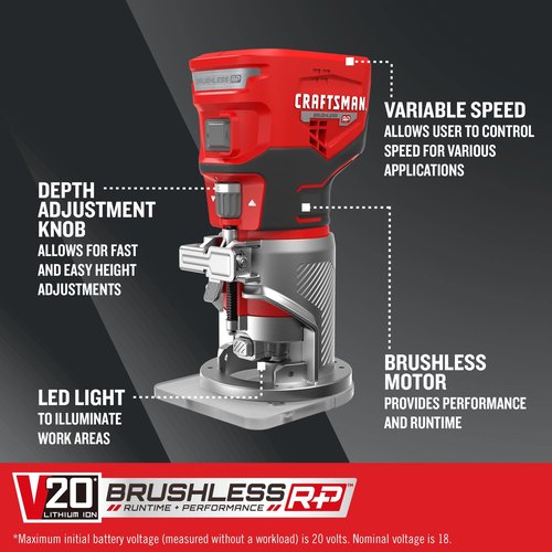 CRAFTSMAN V20 Router Tool, Cordless, Variable Speed, Fixed Base Router with Depth Adjustment, Bare Tool Only (CMCW400B)