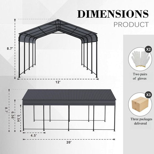 Vigo huseeo 12x20x8.7 FT Carport with Galvanized Steel Roof, Heavy Duty Metal Carport Canopy, Car Shelter Garage for Pickup, Boat, Car and Tractors, Grey