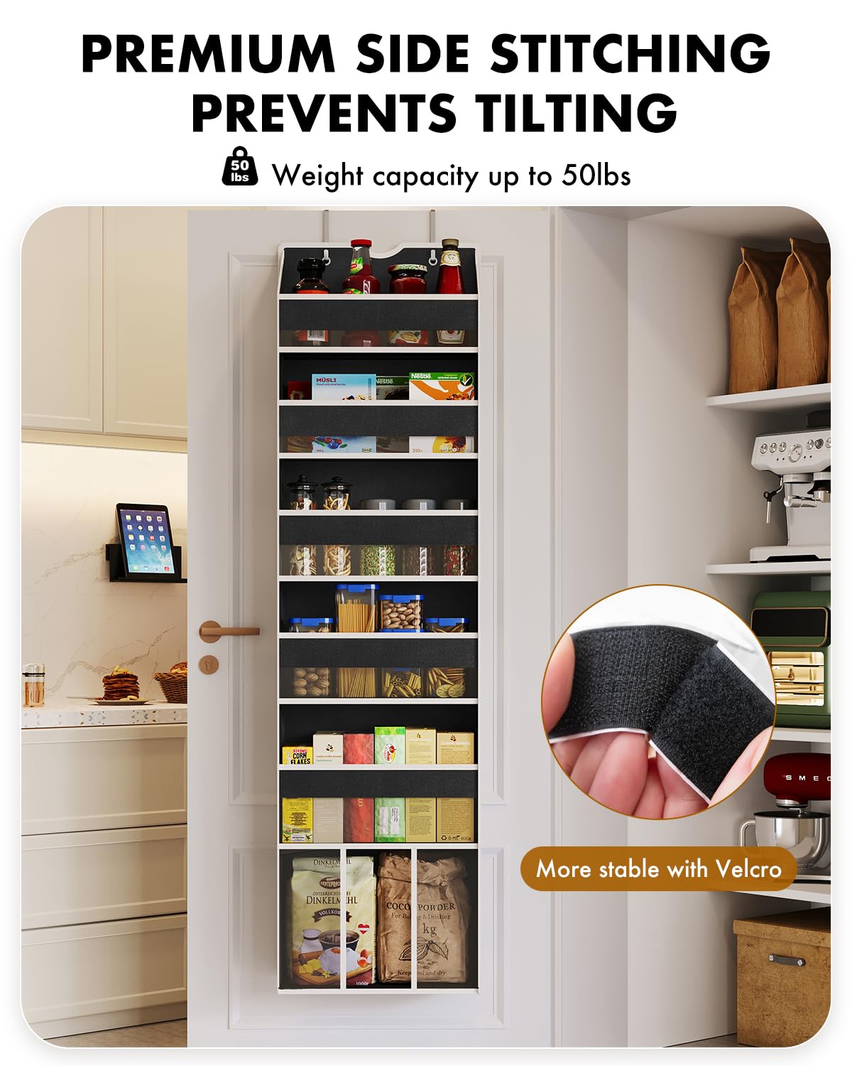 GGUO Over The Door Organizer Hanging - 6 Shelf Over Door Organizer with 6 Clear Front & 12 Side Pockets - 50LB Load Behind Storage for Closet Bedroom Bathroom Nursery Baby Essentials(Black)