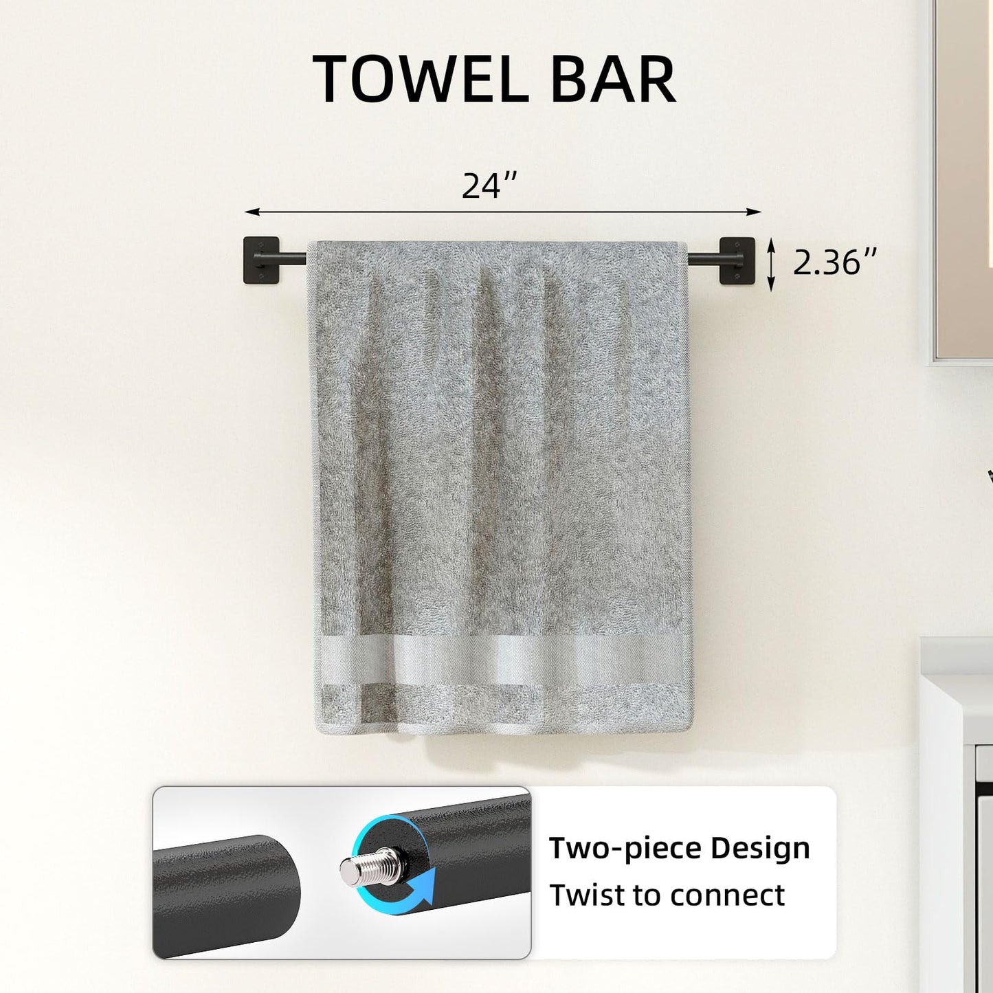 Matte Black Bathroom Accessories Set 4-Pieces, Towel Racks for Bathroom 24Inch Towel Bar, Towel Ring, Towel Hooks, Toilet Paper Holder with Shelf, Stainless Steel Wall Mounted Bathroom Hardware Set