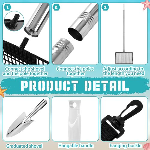 Lasnten 4 Pcs Stainless Steel Sand Sifter Wide Sand Flea Rake Set Detachable Long Handle 54 Inch Shell Scooper for Beach Basket Sifter with Beach Shovel Mesh Bag for Picking Shell Collecting Fleas
