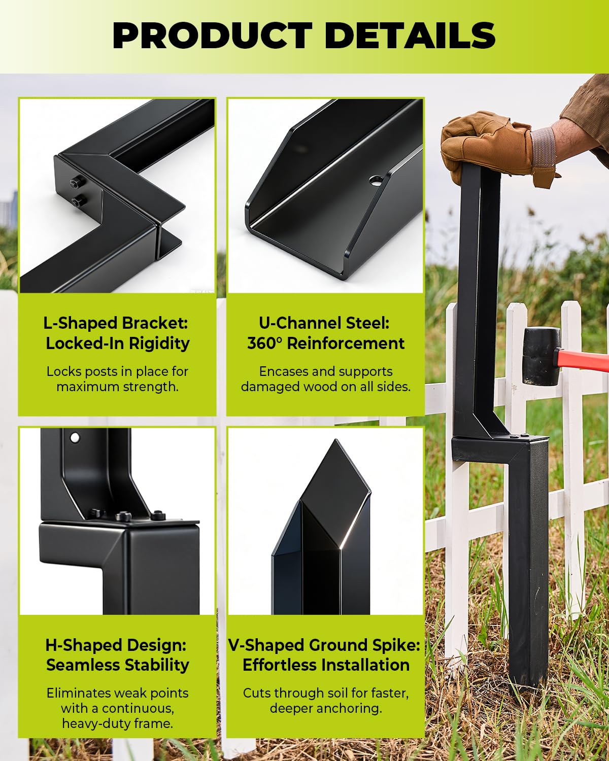 Saker Neo Fence Post Repair Kit – Heavy Duty Steel Fence Post Anchor for Leaning or Broken Posts, Fence Post stabilizer with Screws & Tool,32inch(2 pcs)