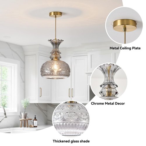JTYQEISW Dimmable Kitchen Island Pendant - 1 Light Smoked Glass E26 Head (Bulb Not Included) 9x11.8 Inch Modern Farmhouse Pendant Height Adjustable Bar and Restaurant Fixtures