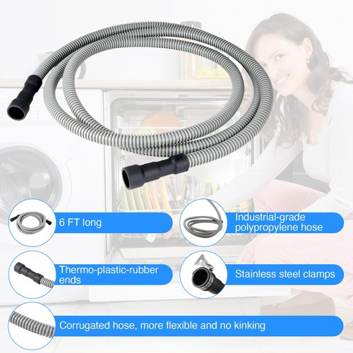 PevePexe Universal Dishwasher Drain Hose - 6 Ft Corrugated Discharge Hose Flexible Dishwasher Replacement Drain Hose Extension with 2 Clamps,Fit 5/8"-3/4" and 1"