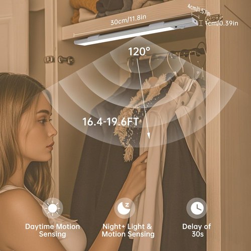 Under Cabinet Lighting 11.8in,Wireless LED Motion Sensor Light Indoor,50 LED Rechargeable Battery Operated,3 Color Temps,50-150LM Dimmable USB Closet Lights,2200mAh,Non-magnetic attraction （2 Pack）