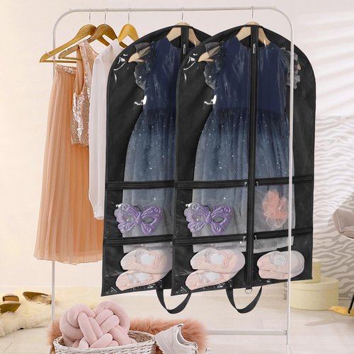 LOVEGRASS Kids Garment Bags for Dance Costumes, 40" Dance Garment Bags for Dancers with 4 Clear Zipper Pockets, Foldable Dance Competition Garment Bags for Hanging Clothes, 3 Pack, Black