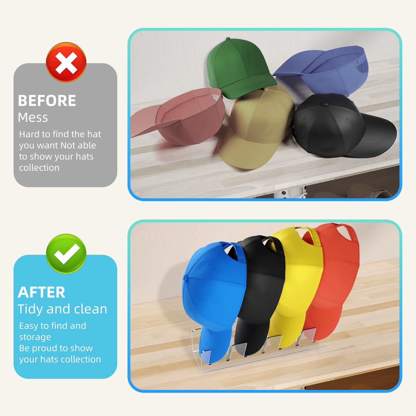 YNPJQWP 2025 New Hat Stand for Baseball Caps Display and Organizer,No Install Acrylic Hat Holder for 14 Baseball Caps for Bedroom, Closet, Dresser and Wall 2PCS