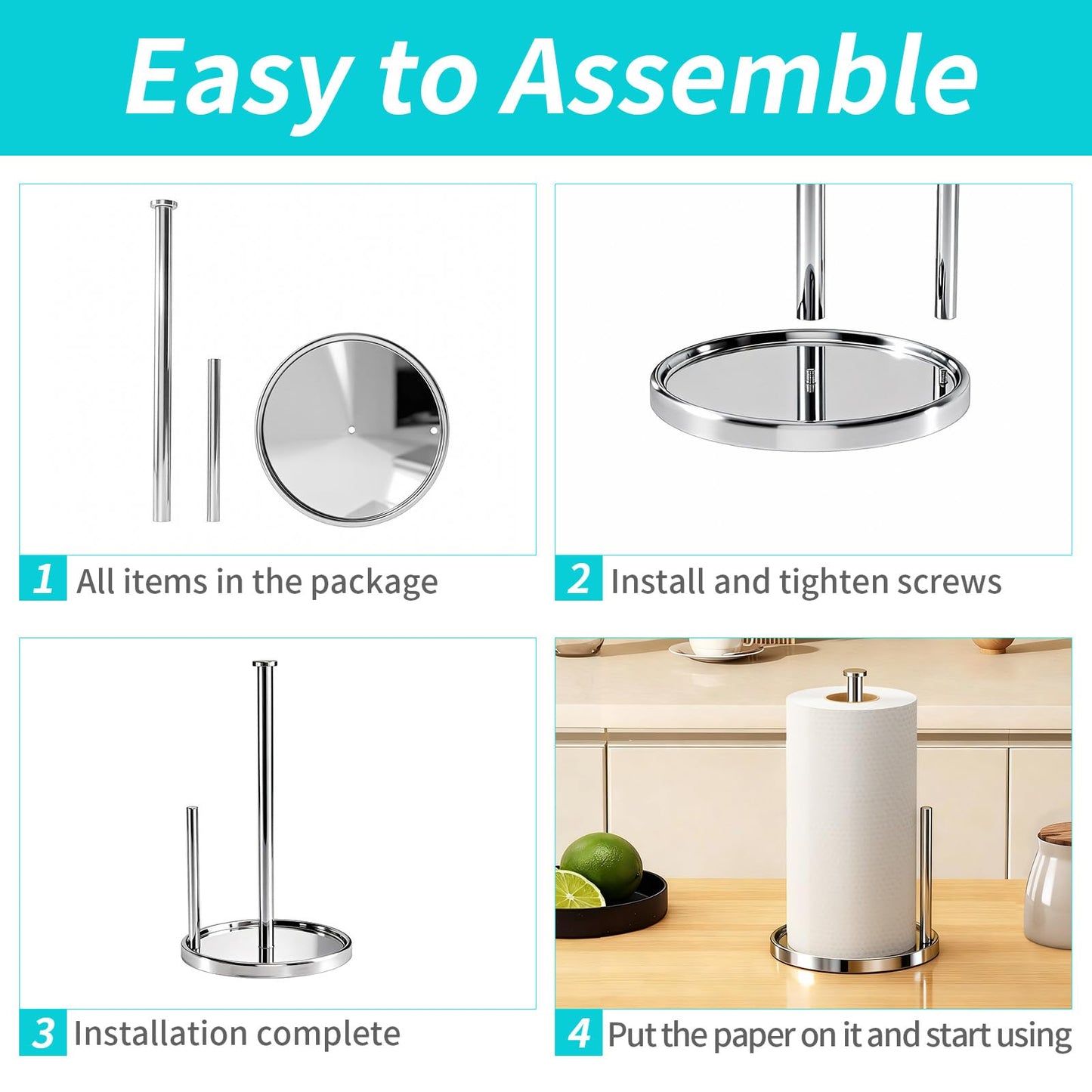 Paper Towel Holder Countertop, Standing Paper Roll Holder with Anti Slip Weighted Base, Stainless Steel Freestanding Paper Towel Holder for Kitchen, Chrome