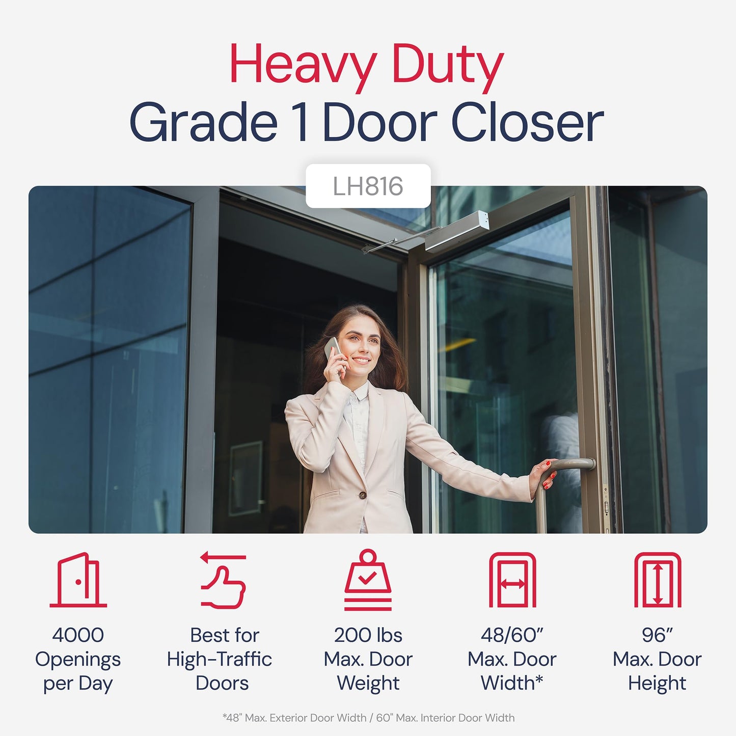 Lawrence Heavy Duty Door Closer Commercial Grade 1 - Adjustable 6-Speed Delayed-Action Door Control with 3 Pistons – Flexible Installation with Included Hardware - Embassy Series LH816