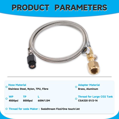 GURUDAR CO2 Cartridges CO2 Tank Direct Adapter with 60Inch High Pressure Hose, CGA320 CO2 Cylinder to Sparkling Water Maker Soda Maker direct Connector for SodaStream Drinkmate Aarke