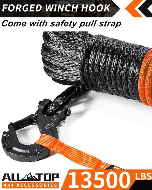ALL-TOP Synthetic Winch Rope w/Hook & Isolator, 1/4in x 50ft, 9500Lbs UHMWPE Cable Replace Kit, Forged Hook & Rubber Stopper & Safety Pull Strap