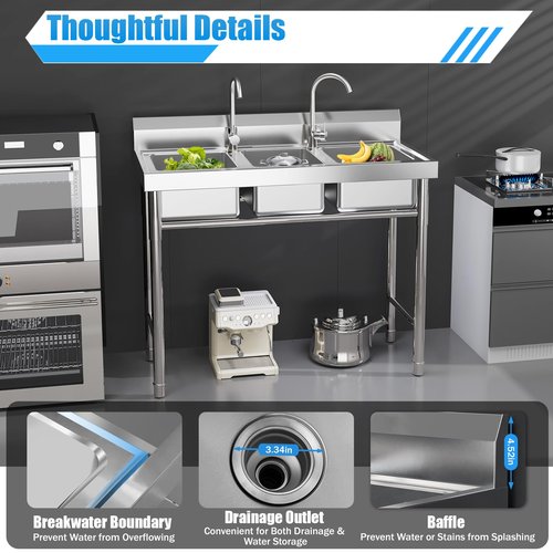 39x18x36" 3-Compartment Commercial Sink - 304 Stainless Steel Freestanding Triple Bowl w/Hot & Cold Faucets for Restaurant/Bar/Food Truck (Indoor/Outdoor, US Stock)