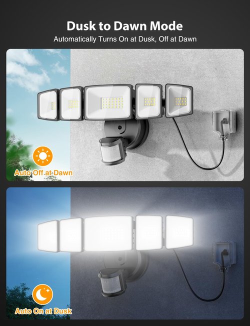 5000LM Motion Sensor Outdoor Lights Plug in, 5 Head Motion Sensor Flood Light Outdoor with Remote, Dusk to Dawn Outdoor Lighting, IP65 Waterproof Motion Detector Lights for Outside, Black