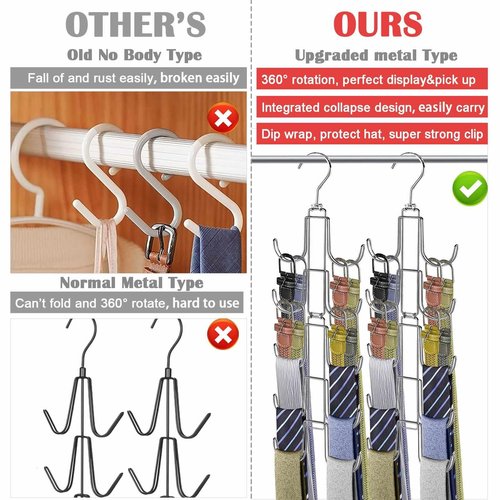 Collapsible Tie Rack Belt Organizer for Closet, Upgraded Dual-Use Belt Tie Hanger with 10 Large Hooks, Storage Up to 80 Items, Rotatable Space Saving Hanger for Closet Organizers and Storage