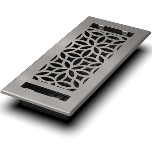 Floor Register 4x10 Vent Cover – 2 Pack – Heavy-Duty Steel, Rustproof & Walkable Grates, Easy Drop-in Install, Adjustable Air Supply Switch - Decorative Floral Design, Brushed Nickel