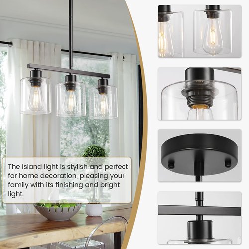 ROCUNSI 3-Light Kitchen Island Lighting, Black Pendant Light Fixture, Farmhouse Dining Room Light Fixtures Over Table, Modern Hanging Light Fixtures with Clear Glass, E26 Base, Bulbs Not Included
