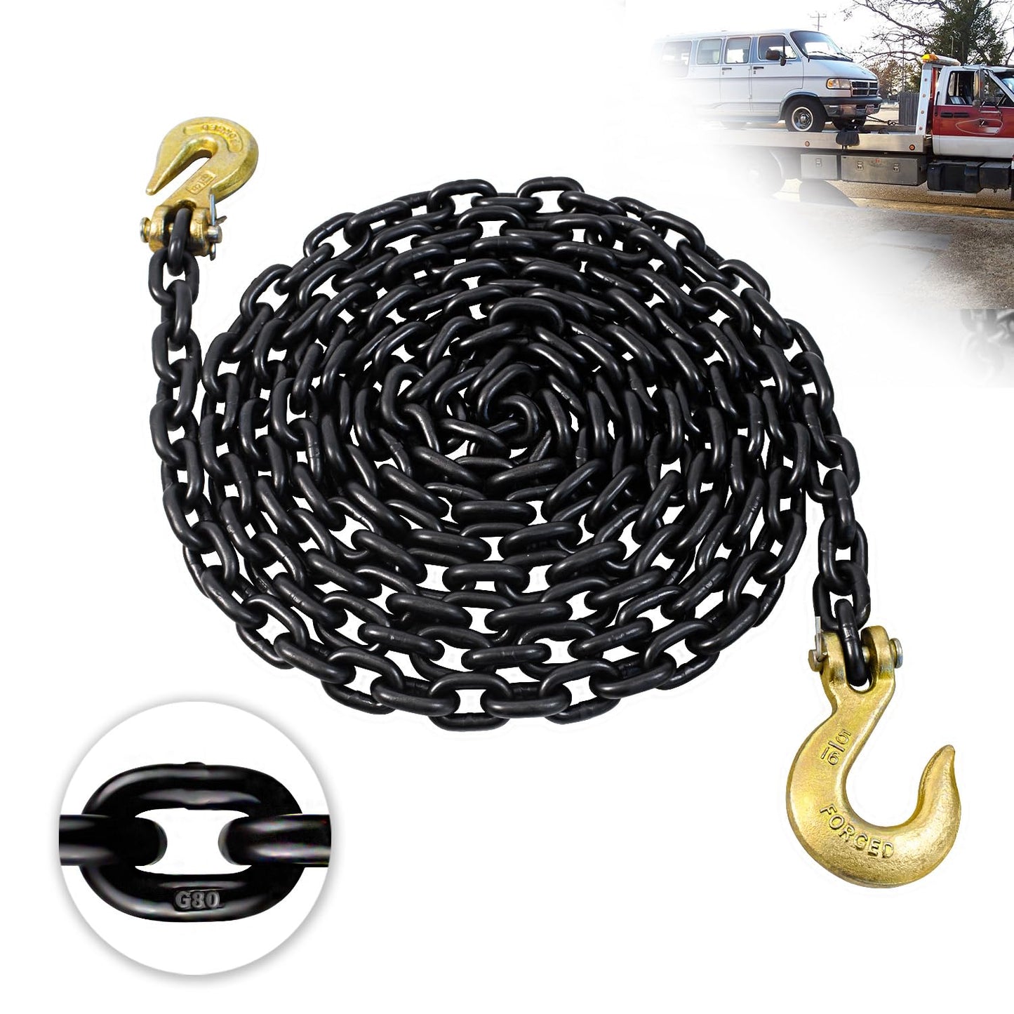 G80 Log Chain 5/16'' X 15 Feet Transport Chain with Clevis Grab Hooks | Heavy Duty Safety Chain WLL 4,900 lbs for Hauling & Towing