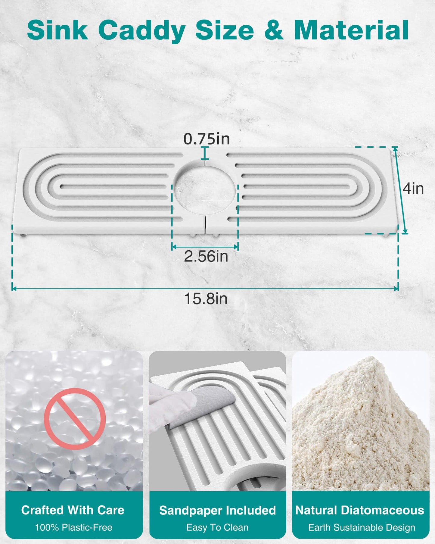 Stone Faucet Mat for Kitchen Sink, Diatomite Sink Protectors - Prevent Moisture Drying Stone Tray Fit Kitchen Counter & Bathroom Counter (White, 15.8" x 4")