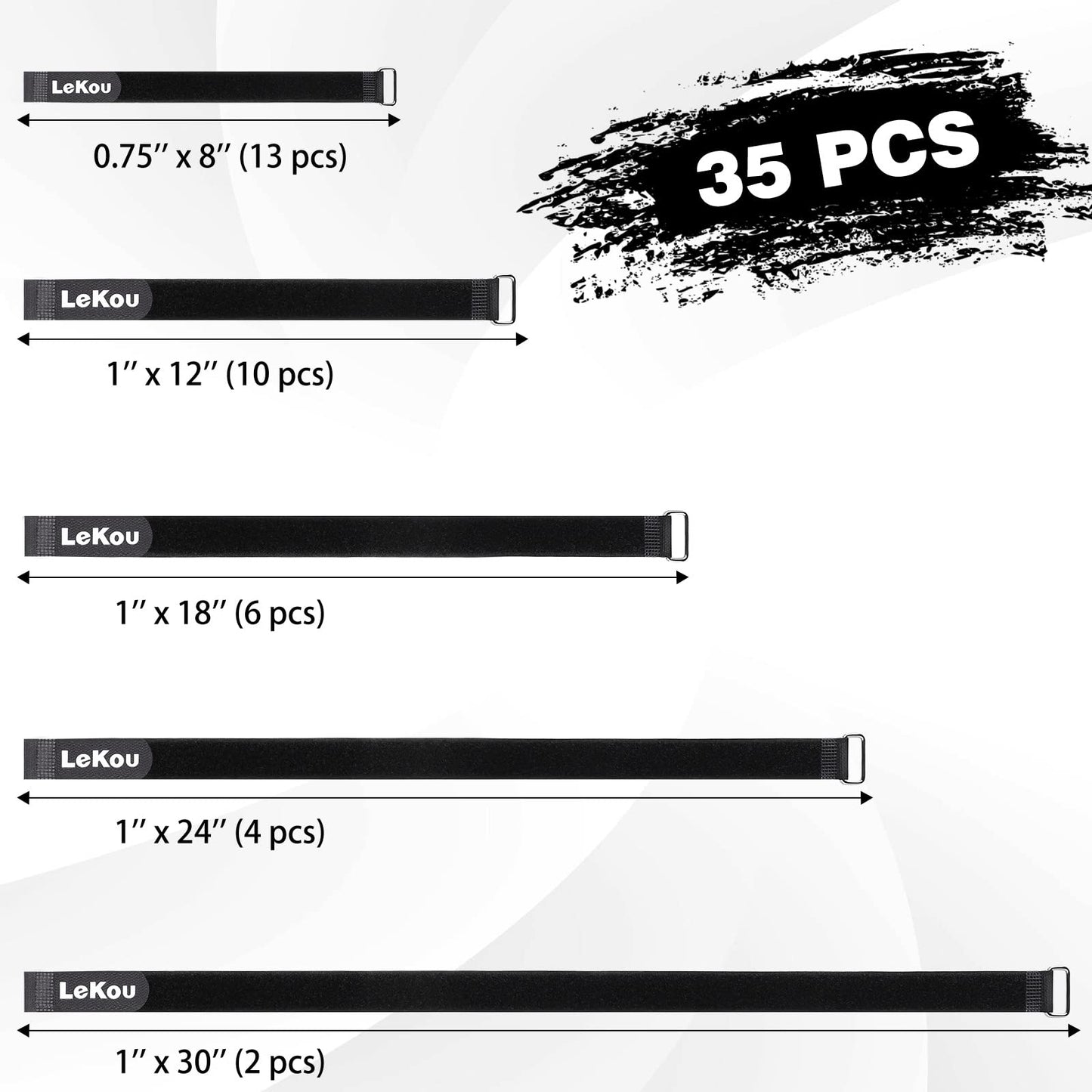 Lekou 35 Pack Cable Straps,8"-12"-18"-24"-30" Reusable Cable Ties, Hook and Loop with Metal Buckle, Fastening Securing for Cord Organizer Wire Management