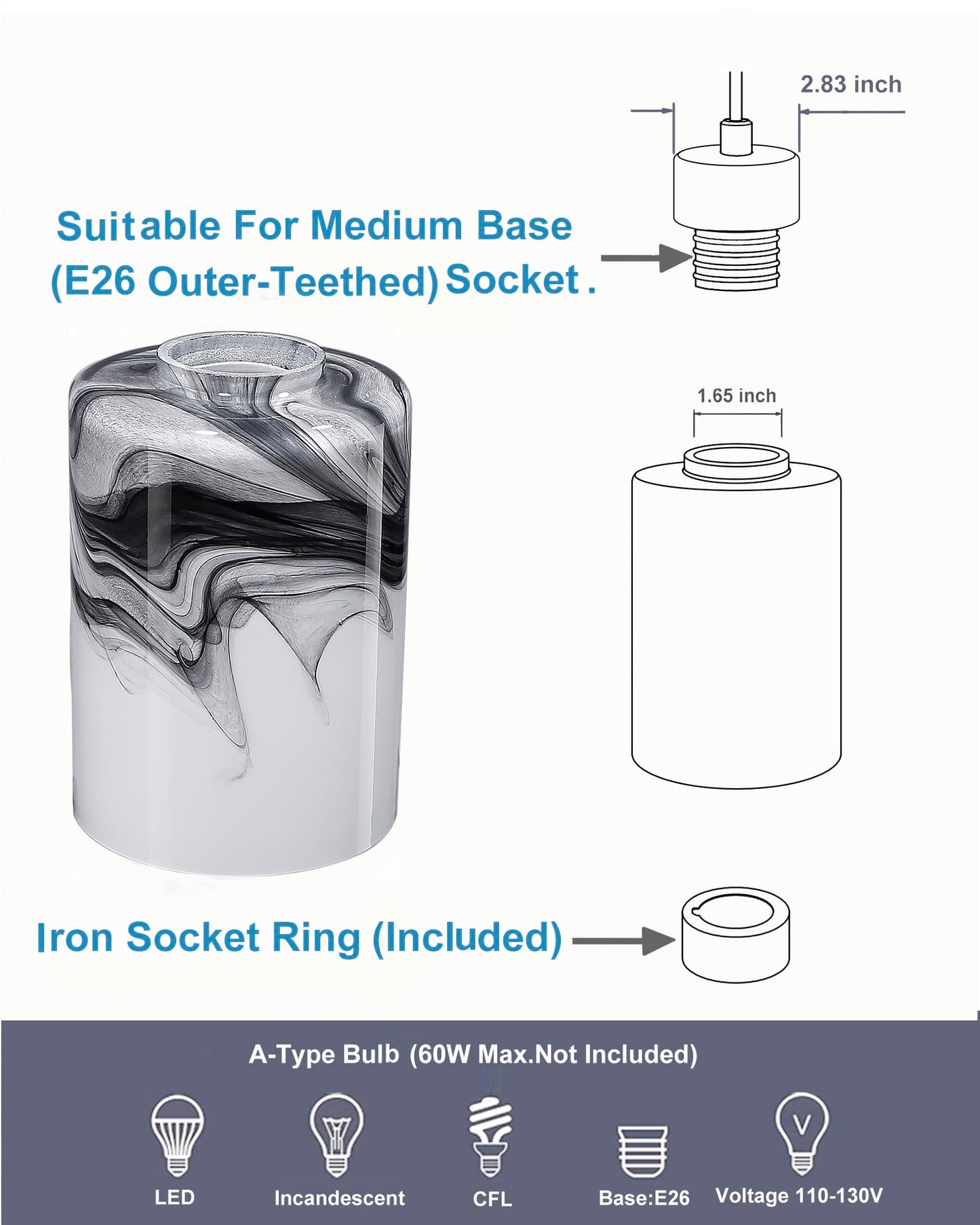 3P Cylinder glass Lampshades for Wall Sconce Light Cover Blown Art Glass Ceiling Fan light Cover Globe Replacement Fixture for Vanity Light Shade1.65in fitter Height5.74 in Grey marble