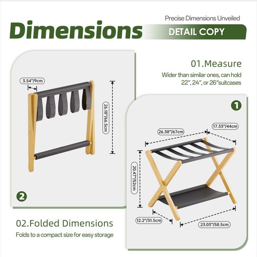 vovala Luggage Rack, Folding Suitcase Stand with Storage Shelf, Premium Bamboo Luggage Holder for Guest Room, Bedroom, Hotel, Closet, Holds up to 135 lb (Natural)
