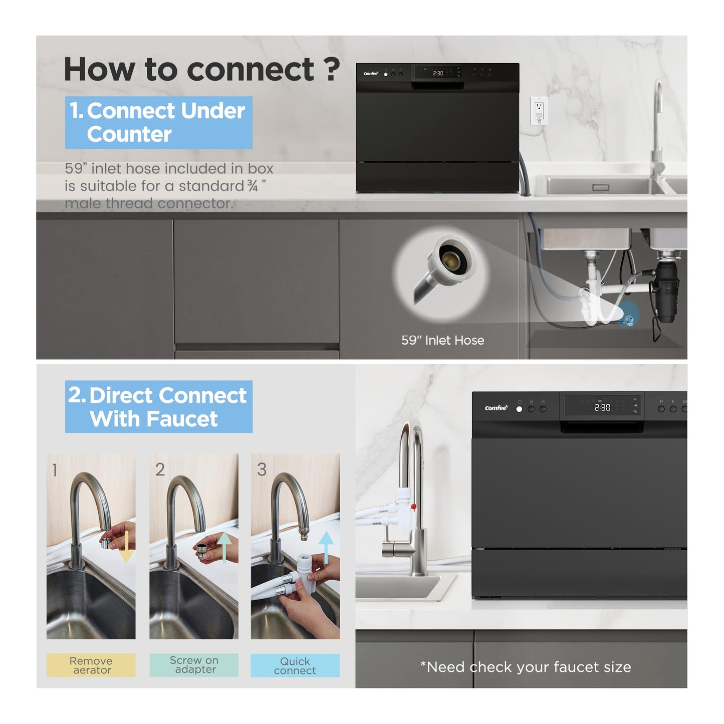 COMFEE’ Countertop Dishwasher, Energy Star Portable Dishwasher, 6 Place Settings & 8 Washing Programs, Speed, Baby-Care, ECO& Glass, Dish Washer for Dorm, RV& Apartment, Black