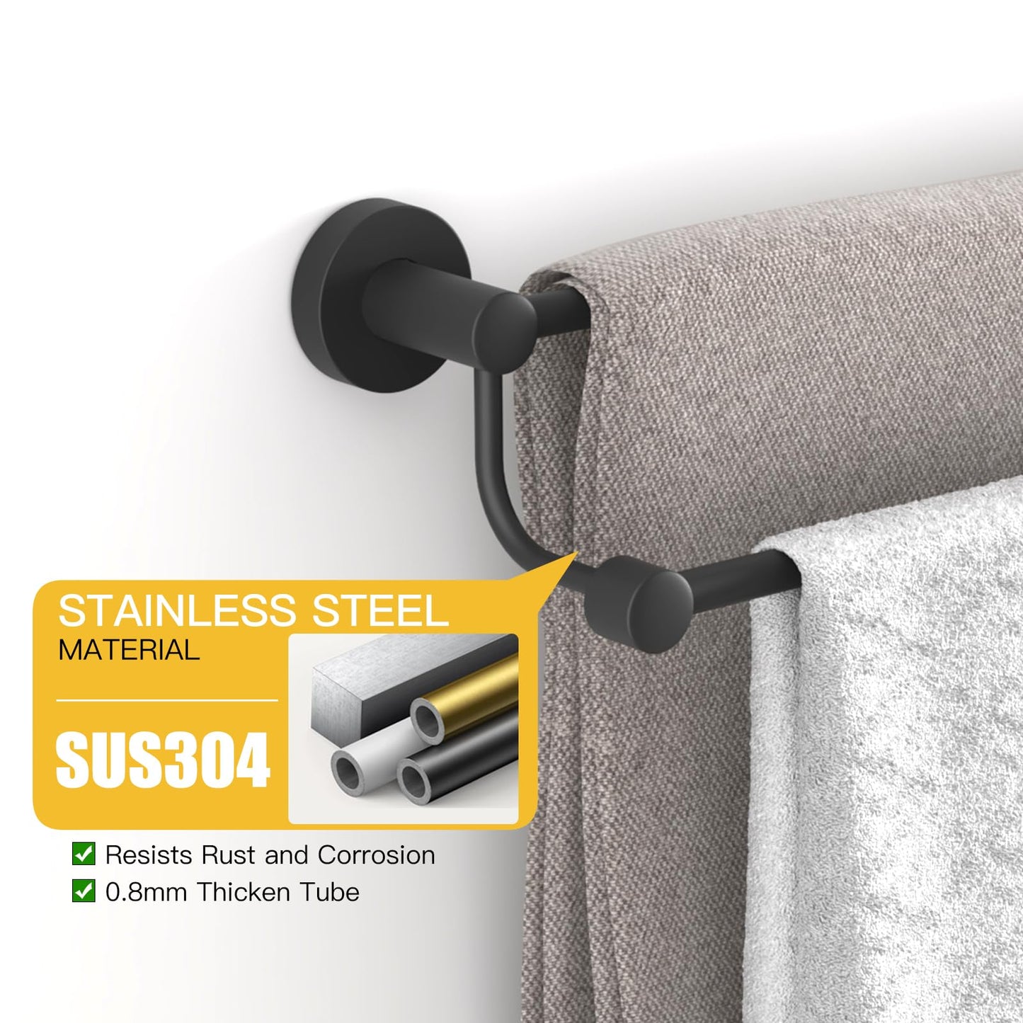 BESy Adjustable 16-26 Inches Double Bath Towel Bar for Bathroom SUS304 Stainless Steel Towel Holder, Hotel Style Wall Mount with Screws Hand Towel Bar Towel Rack Rod Hanger, Matte Black Finish