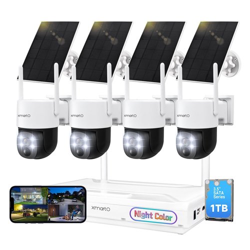 [Night Color] XMARTO 2K HD Wireless Solar Security Camera System with Starlight Color Night Vision, PTZ Control, Long Range WiFi6, Easy Mobile View, HDMI View on Monitor/TV, 0 Monthly Fee, 1TB HDD