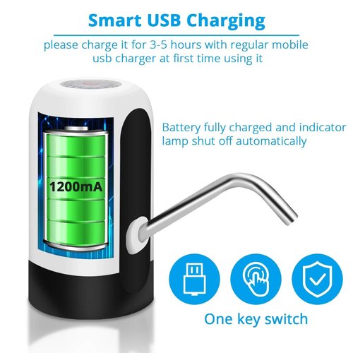 MJIYA Portable Water Bottle Pump, Universal Bottle Electric Water Dispenser with Switch and USB Charging, for Camping, Kitchen, Workshop, Garage (White)