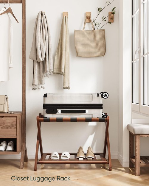 Smart FENDEE Fully Assembled Walnut Bamboo Luggage Rack with Shoe Shelf, Folding Suitcase Stand with 5 Heavy-Duty Straps, Large Wooden Luggage Holders for Guest Room, Ideal for Bedroom, Hotel